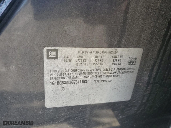 2016 Chevrolet Cruze Premier with VIN 1G1BG5SM3G7317153, listed as a Copart auction lot 48224225 with 99,664 mi miles and Clean Title. Bid and sale history available at carsss.com. Image 12.