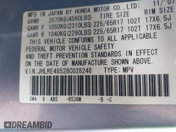 2008 Honda CR-V EX with VIN JHLRE48528C028248, listed as a IAAI auction lot 41788755 with 160,728 mi miles. Bid and sale history available at carsss.com. Image 9.