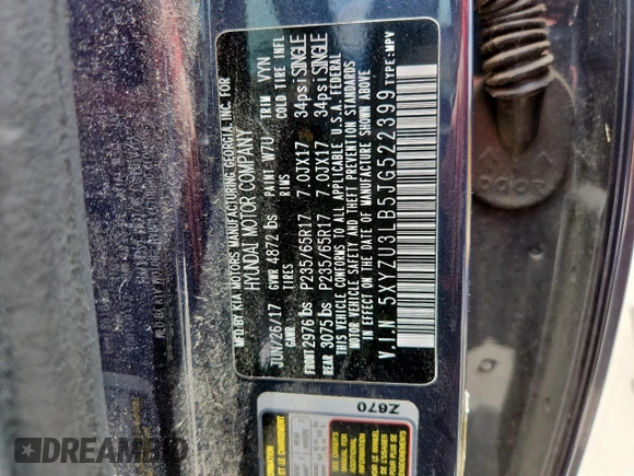 2018 Hyundai Santa Fe 2.4L с VIN 5XYZU3LB5JG522399, выставлен на аукционе Copart как лот 63345315 с пробегом Не указан миль и Списание • Salvage title. История ставок и продаж доступна на DreamBid. Изображение 13.