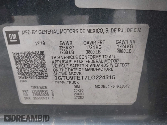 2020 GMC Sierra 1500 Denali with VIN 3GTU9FET7LG224315, listed as a IAAI auction lot 41693861 with 124,716 mi miles and . Bid and sale history available at DreamBid. Image 9.