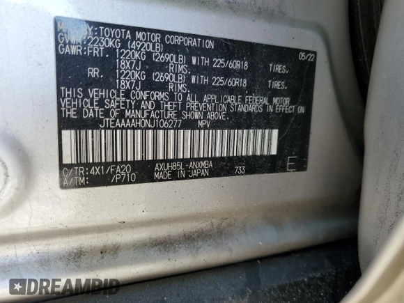2022 Toyota Venza LE with VIN JTEAAAAH0NJ106277, listed as a Copart auction lot 45626685 with 62,711 mi miles and Salvage Title. Bid and sale history available at carsss.com. Image 15.