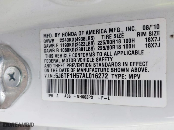 2010 Honda Accord Crosstour EX-L with VIN 5J6TF1H57AL016272, listed as a IAAI auction lot 41501665 with 162,314 mi miles. Bid and sale history available at carsss.com. Image 9.