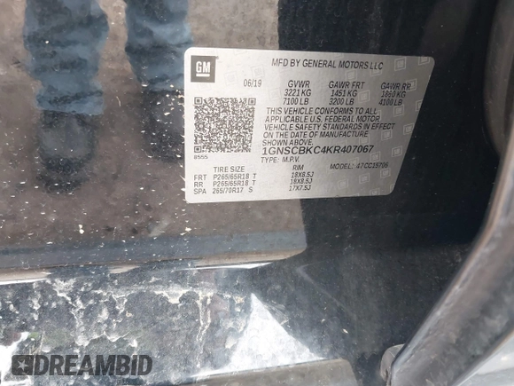 2019 Chevrolet Tahoe LT с VIN 1GNSCBKC4KR407067, выставлен на аукционе IAAI как лот 41932560 с пробегом 69 455 миль миль и . История ставок и продаж доступна на DreamBid. Изображение 9.