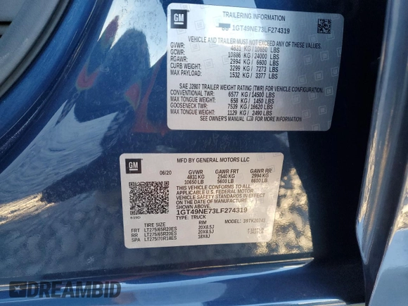 2020 GMC Sierra 2500HD SLT z VIN 1GT49NE73LF274319, wystawiony jako Copart lot #75348024 z przebiegiem 86 908 mil mil oraz Nie do naprawy • Non repairable. Historia ofert i sprzedaży dostępna na DreamBid. Obrazek 14.