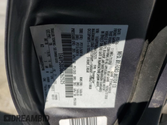 2006 Ford Taurus SE with VIN 1FAFP53U36A262525, listed as a Copart auction lot 86797374 with 179,508 mi miles and Salvage title. Bid and sale history available at DreamBid. Image 13.