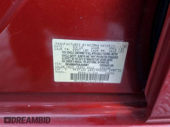 2010 Nissan Sentra SR with VIN 3N1AB6APXAL684561, listed as a Copart auction lot 80137444 with 140,117 mi miles and Salvage Title. Bid and sale history available at DreamBid. Image 12.