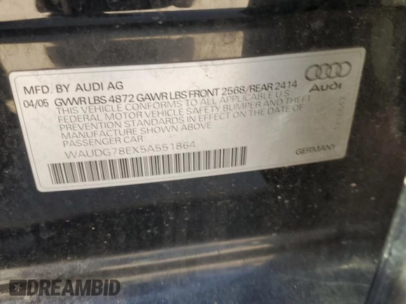 2005 Audi A4 3.2L with VIN WAUDG78EX5A551864, listed as a Copart auction lot 83112454 with 190,960 mi miles and Salvage Title. Bid and sale history available at carsss.com. Image 14.