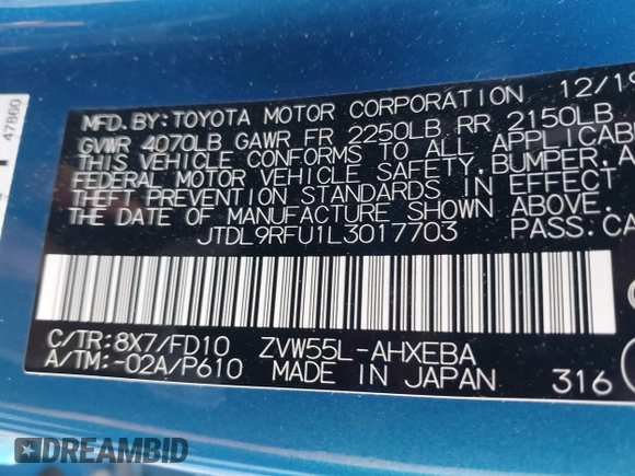 2020 Toyota Prius LE with VIN JTDL9RFU1L3017703, listed as a IAAI auction lot 42277379 with 25,593 mi miles and . Bid and sale history available at DreamBid. Image 9.