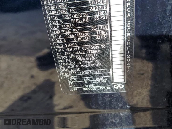 2021 Infiniti QX50 SENSORY with VIN 3PCAJ5CB3MF120474, listed as a Copart auction lot 79601944 with 17,395 mi miles and Salvage Title. Bid and sale history available at carsss.com. Image 13.