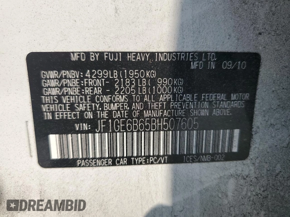 2011 Subaru Impreza Premium with VIN JF1GE6B65BH507605, listed as a Copart auction lot 59123985 with 112,091 mi miles and Salvage title. Bid and sale history available at DreamBid. Image 12.