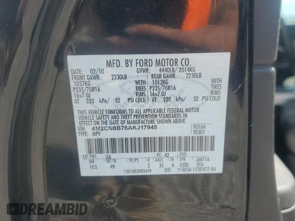2010 Mercury Mariner with VIN 4M2CN8B76AKJ17945, listed as a Copart auction lot 58177785 with Not provided miles and Salvage title. Bid and sale history available at DreamBid. Image 13.