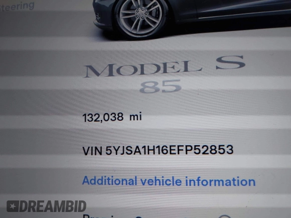 2014 Tesla Model S 60 with VIN 5YJSA1H16EFP52853, listed as a IAAI auction lot 41941989 with 132,038 mi miles and . Bid and sale history available at DreamBid. Image 15.