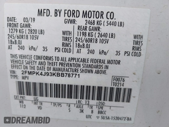 2019 Ford Edge SEL with VIN 2FMPK4J93KBB78771, listed as a IAAI auction lot 42159093 with 80,510 mi miles and . Bid and sale history available at DreamBid. Image 9.