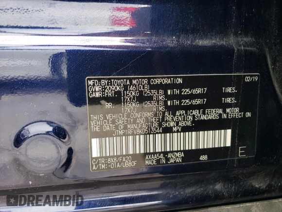2019 Toyota RAV4 XLE with VIN JTMP1RFV8KD513544, listed as a Copart auction lot 82699354 with 43,562 mi miles and Salvage Title. Bid and sale history available at DreamBid. Image 13.