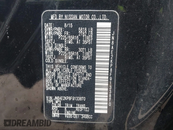 2015 Nissan Quest SV z VIN JN8AE2KP8F9133870, wystawiony jako IAAI lot #41735267 z przebiegiem 213 626 mil mil oraz . Historia ofert i sprzedaży dostępna na DreamBid. Obrazek 9.