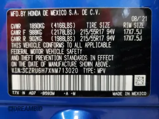 2022 Honda HR-V EX-L with VIN 3CZRU6H7XNM713020, listed as a Copart auction lot 71273494 with 53,226 mi miles and Salvage Title. Bid and sale history available at carsss.com. Image 14.