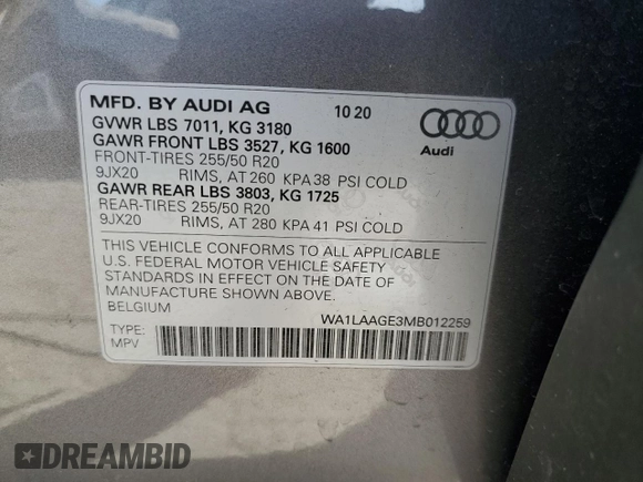 2021 Audi e-tron Premium Plus with VIN WA1LAAGE3MB012259, listed as a Copart auction lot 48824963 with 23,710 mi miles. Bid and sale history available at carsss.com. Image 12.