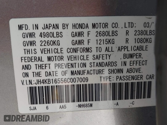 2006 Acura RL with VIN JH4KB16556C007009, listed as a IAAI auction lot 42544310 with 232,005 mi miles and . Bid and sale history available at DreamBid. Image 9.