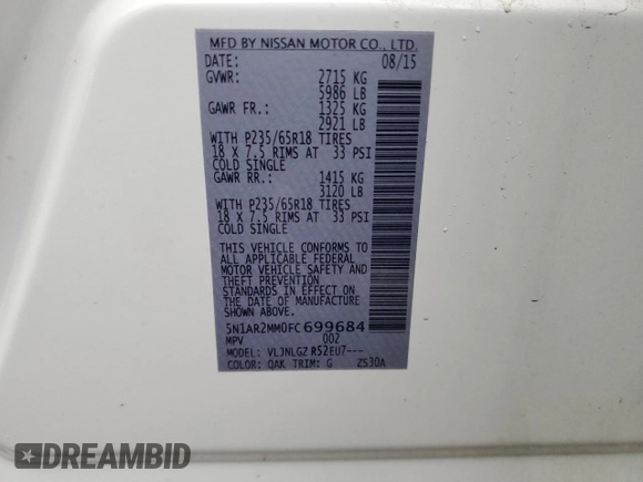 2015 Nissan Pathfinder SL с VIN 5N1AR2MM0FC699684, выставлен на аукционе Copart как лот 43030425 с пробегом 115 170 миль миль и Списание • Salvage title. История ставок и продаж доступна на DreamBid. Изображение 15.