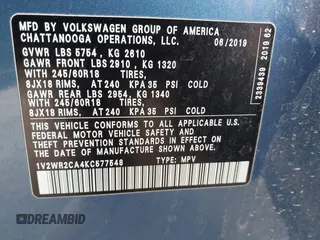 2019 Volkswagen Atlas SE with VIN 1V2WR2CA4KC577548, listed as a IAAI auction lot 41964877 with 74,361 mi miles and . Bid and sale history available at DreamBid. Image 9.