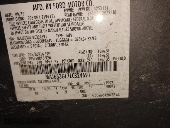 2020 Ford EcoSport SE with VIN MAJ6S3GL7LC324691, listed as a IAAI auction lot 41539218 with 138,895 mi miles and . Bid and sale history available at DreamBid. Image 9.
