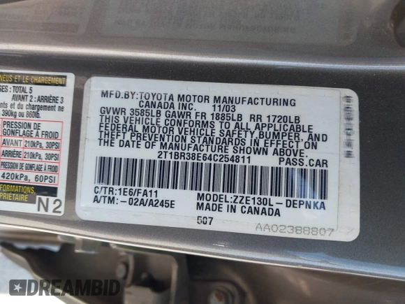 2004 Toyota Corolla CE with VIN 2T1BR38E64C254811, listed as a IAAI auction lot 41930304 with 160,533 mi miles and . Bid and sale history available at DreamBid. Image 9.