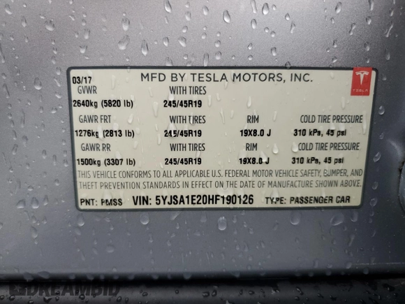 2017 Tesla Model S 100D with VIN 5YJSA1E20HF190126, listed as a Copart auction lot 60087655 with 42,025 mi miles and Salvage title. Bid and sale history available at DreamBid. Image 13.