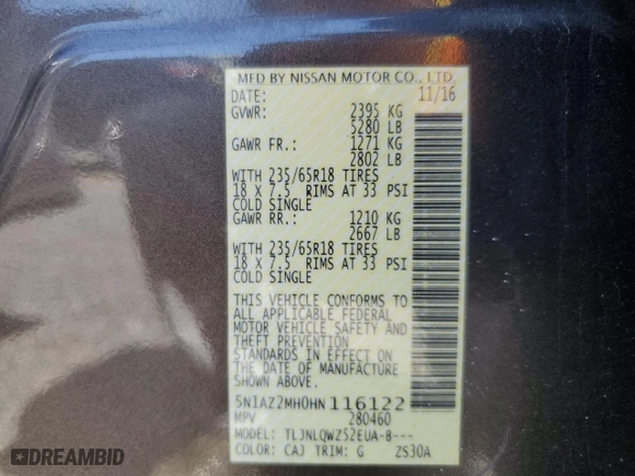 2017 Nissan Murano Platinum with VIN 5N1AZ2MH0HN116122, listed as a Copart auction lot 66810724 with 112,094 mi miles and Salvage Title. Bid and sale history available at carsss.com. Image 15.