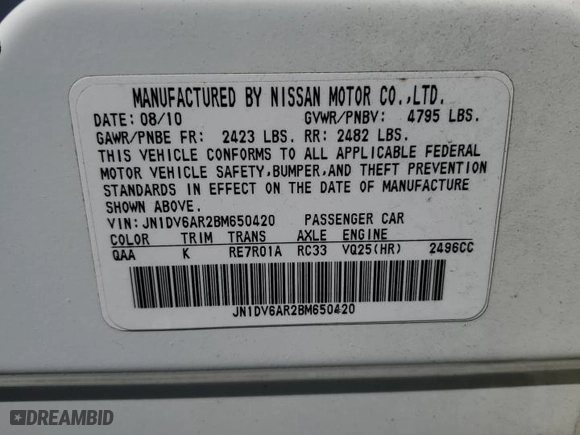 2011 Infiniti G25 Sedan x with VIN JN1DV6AR2BM650420, listed as a Copart auction lot 59954964 with 187,801 mi miles and Salvage Title. Bid and sale history available at carsss.com. Image 12.
