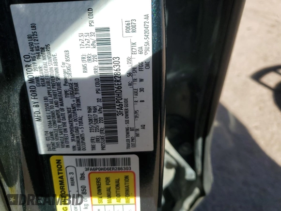 2014 Ford Fusion SE with VIN 3FA6P0HD6ER286303, listed as a Copart auction lot 43558095 with 378,959 mi miles and Salvage Title. Bid and sale history available at DreamBid. Image 15.