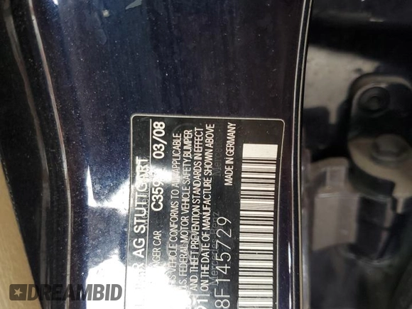 2008 Mercedes-Benz C 300 Sport with VIN WDDGF81XX8F145729, listed as a Copart auction lot 63607305 with Not provided miles and Clean title. Bid and sale history available at DreamBid. Image 12.