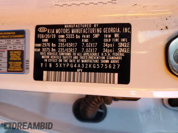 2019 Kia Sorento L with VIN 5XYPG4A32KG575627, listed as a Copart auction lot 41454265 with 67,207 mi miles and Salvage Title. Bid and sale history available at DreamBid. Image 14.