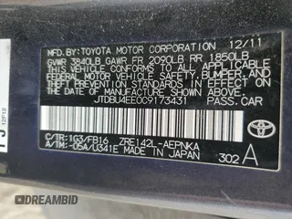 2012 Toyota Corolla L with VIN JTDBU4EE0C9173431, listed as a Copart auction lot 54871155 with 132,887 mi miles and Salvage Title. Bid and sale history available at DreamBid. Image 12.