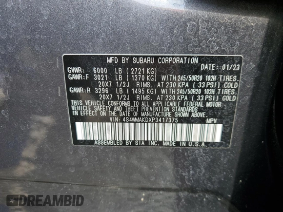 2023 Subaru Ascent Onyx Limited z VIN 4S4WMAKDXP3417375, wystawiony jako Copart lot #57144585 z przebiegiem 58 988 mil mil oraz Szkoda całkowita • Salvage title. Historia ofert i sprzedaży dostępna na DreamBid. Obrazek 13.