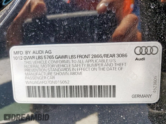 2013 Audi A8 3.0L with VIN WAUAGAFD7DN015052, listed as a Copart auction lot 60095565 with Not provided miles and Salvage title. Bid and sale history available at DreamBid. Image 12.