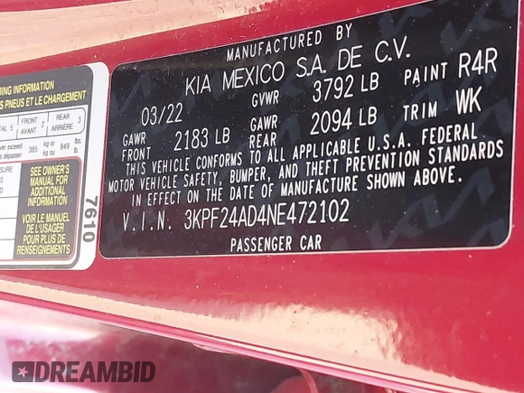 2022 Kia Forte LXS z VIN 3KPF24AD4NE472102, wystawiony jako IAAI lot #41810091 z przebiegiem 45 651 mil mil oraz . Historia ofert i sprzedaży dostępna na DreamBid. Obrazek 9.
