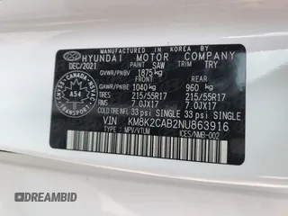 2022 Hyundai Kona SE with VIN KM8K2CAB2NU863916, listed as a Copart auction lot 68952394 with 33,708 mi miles and Salvage Title. Bid and sale history available at carsss.com. Image 13.