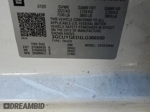 2020 Chevrolet Silverado 1500 LTZ with VIN 3GCUYGED1LG366550, listed as a Copart auction lot 47831655 with 51,271 mi miles and Salvage Title. Bid and sale history available at DreamBid. Image 13.
