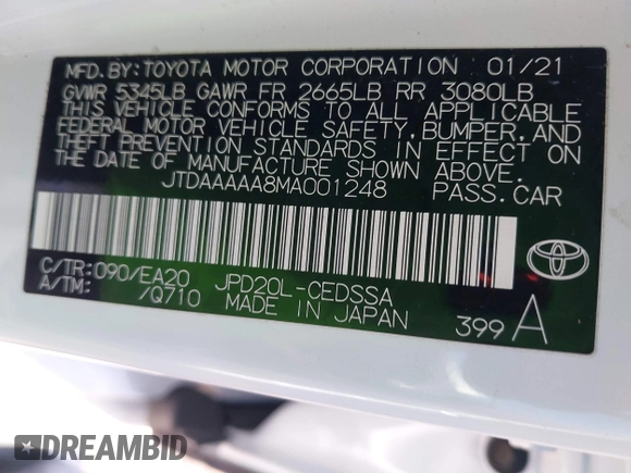 2021 Toyota Mirai XLE with VIN JTDAAAAA8MA001248, listed as a IAAI auction lot 41592011 with 49,613 mi miles and . Bid and sale history available at DreamBid. Image 9.