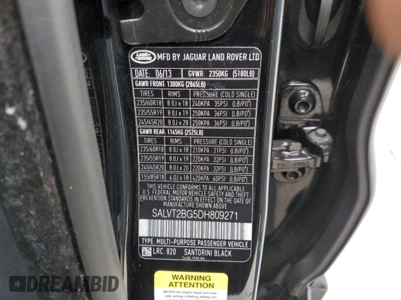 2013 Land Rover Range Rover Evoque Dynamic Premium with VIN SALVT2BG5DH809271, listed as a Copart auction lot 69983364 with 121,732 mi miles and Salvage title. Bid and sale history available at DreamBid. Image 14.