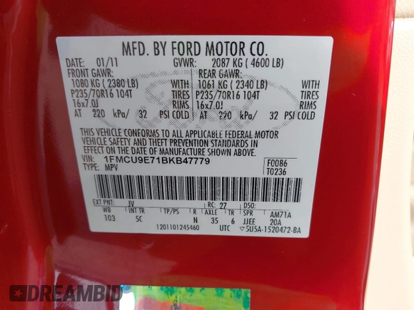 2011 Ford Escape Limited with VIN 1FMCU9E71BKB47779, listed as a IAAI auction lot 41746362 with 193,349 mi miles and . Bid and sale history available at DreamBid. Image 9.