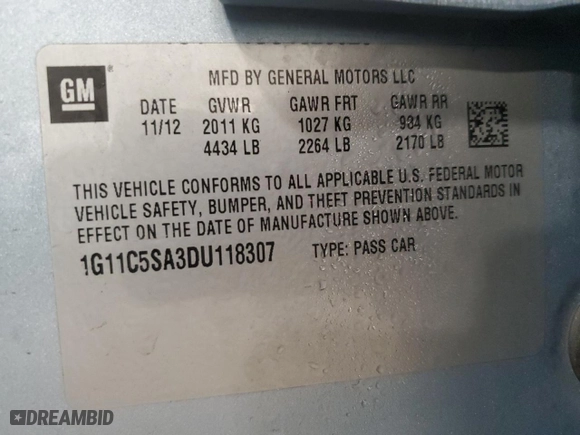 2013 Chevrolet Malibu LT with VIN 1G11C5SA3DU118307, listed as a Copart auction lot 53704995 with 136,280 mi miles and Non Repairable. Bid and sale history available at carsss.com. Image 12.