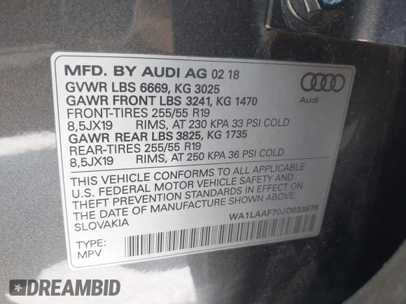 2018 Audi Q7 Premium Plus with VIN WA1LAAF70JD033878, listed as a IAAI auction lot 42203820 with 95,095 mi miles and . Bid and sale history available at DreamBid. Image 9.