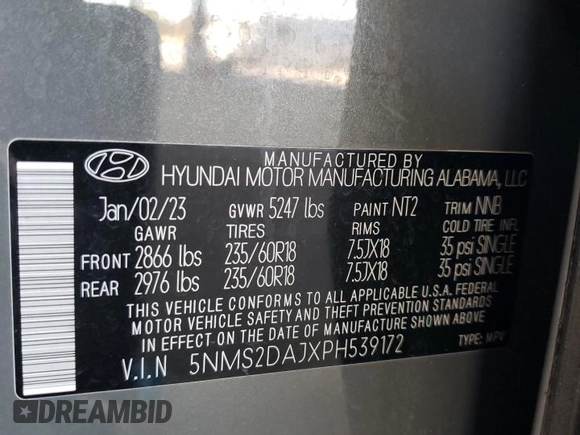 2023 Hyundai Santa Fe SEL with VIN 5NMS2DAJXPH539172, listed as a Copart auction lot 53161285 with 42,646 mi miles and Salvage Title. Bid and sale history available at DreamBid. Image 13.