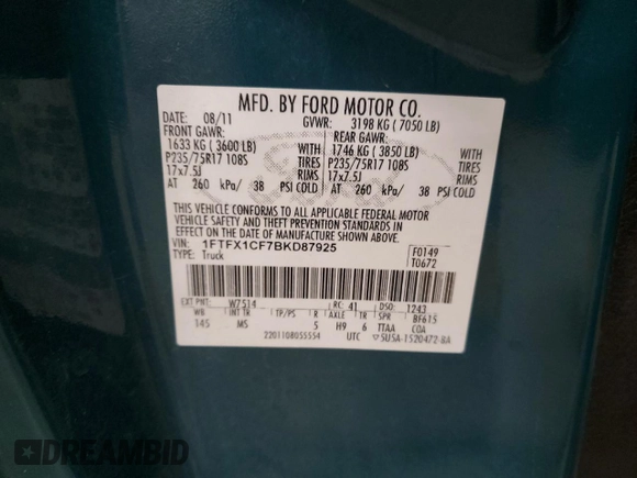 2011 Ford F-150 XL with VIN 1FTFX1CF7BKD87925, listed as a Copart auction lot 49851585 with 188,138 mi miles and Non Repairable. Bid and sale history available at carsss.com. Image 12.