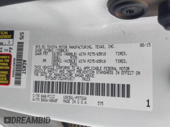 2016 Toyota Tundra SR5 z VIN 5TFDW5F15GX491017, wystawiony jako IAAI lot #42033427 z przebiegiem 97 290 mil mil oraz . Historia ofert i sprzedaży dostępna na DreamBid. Obrazek 9.