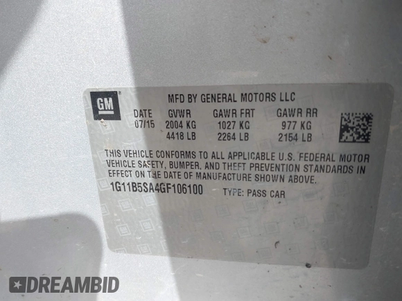 2016 Chevrolet Malibu Limited LS with VIN 1G11B5SA4GF106100, listed as a IAAI auction lot 41864861 with 114,319 mi miles. Bid and sale history available at carsss.com. Image 9.