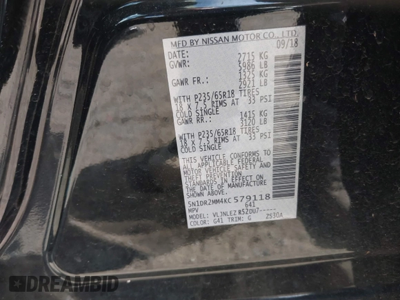 2019 Nissan Pathfinder SV with VIN 5N1DR2MM4KC579118, listed as a IAAI auction lot 42147973 with 64,597 mi miles. Bid and sale history available at carsss.com. Image 9.