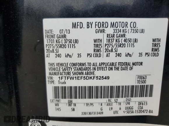 2013 Ford F-150 XL with VIN 1FTFW1EF5DKF52549, listed as a Copart auction lot 62791925 with Not provided miles and Salvage title. Bid and sale history available at DreamBid. Image 13.