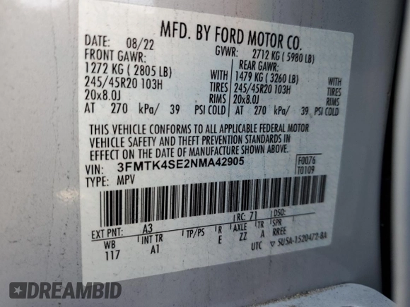 2022 Ford Mustang Mach-E GT with VIN 3FMTK4SE2NMA42905, listed as a Copart auction lot 51571915 with 18,920 mi miles and Salvage title. Bid and sale history available at DreamBid. Image 14.